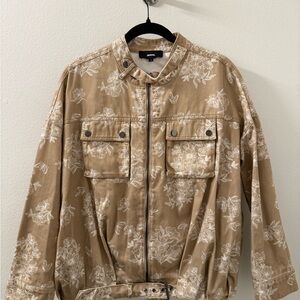 Denim Jacket and Shorts Set Floral Utility Jacket - Beige/Tan and White